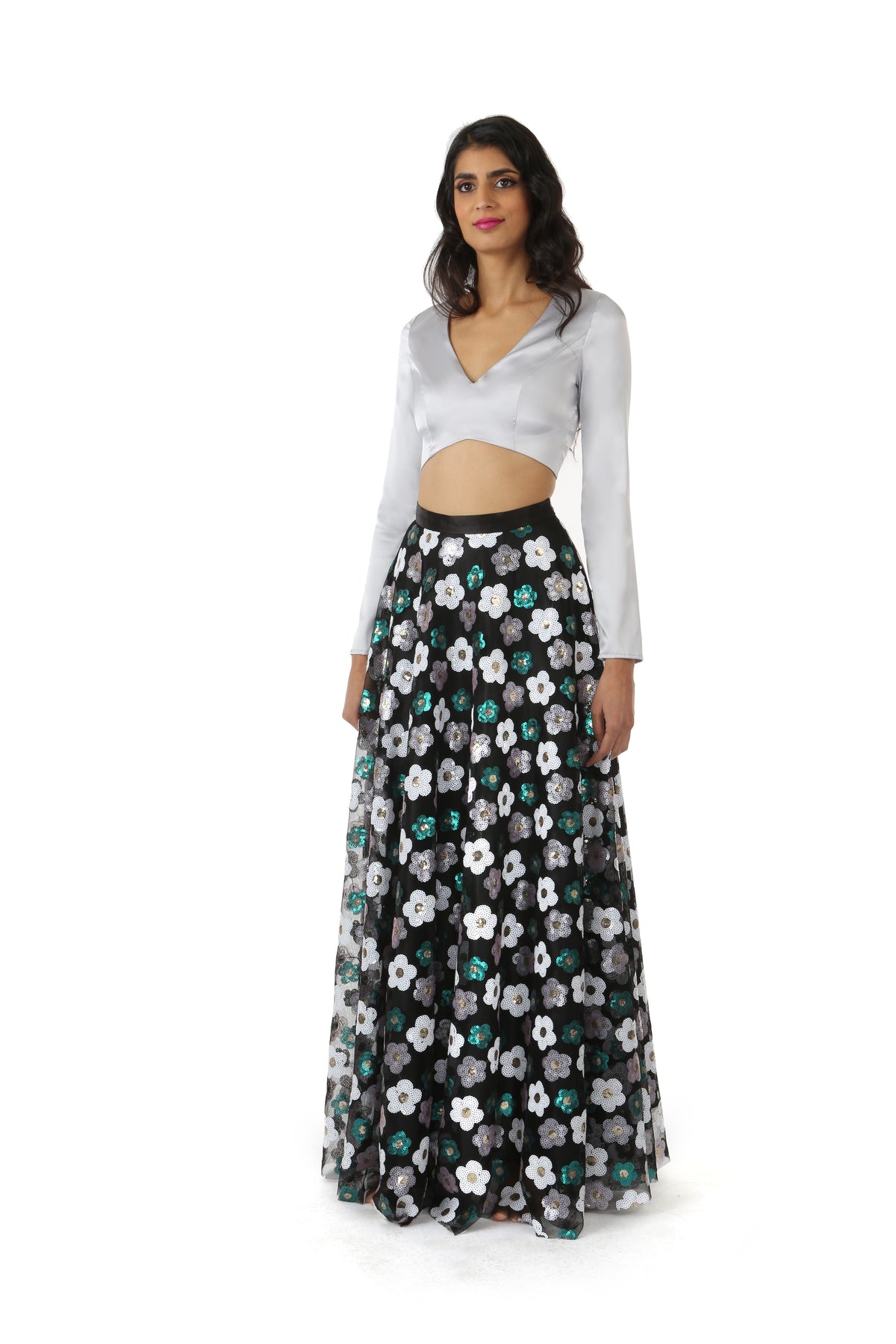 NIDA Silver Satin Crop Top with V Neckline and Long Sleeves - Front View | HARLEEN KAUR