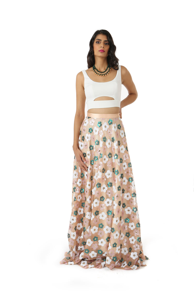 SIMAR white lehenga crop top with small cutouts | HARLEEN KAUR