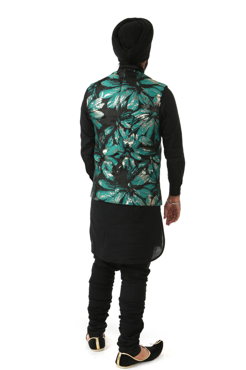 Harleen Kaur MIRAT Black Green Gold Metallic Jacquard Vest - Back View