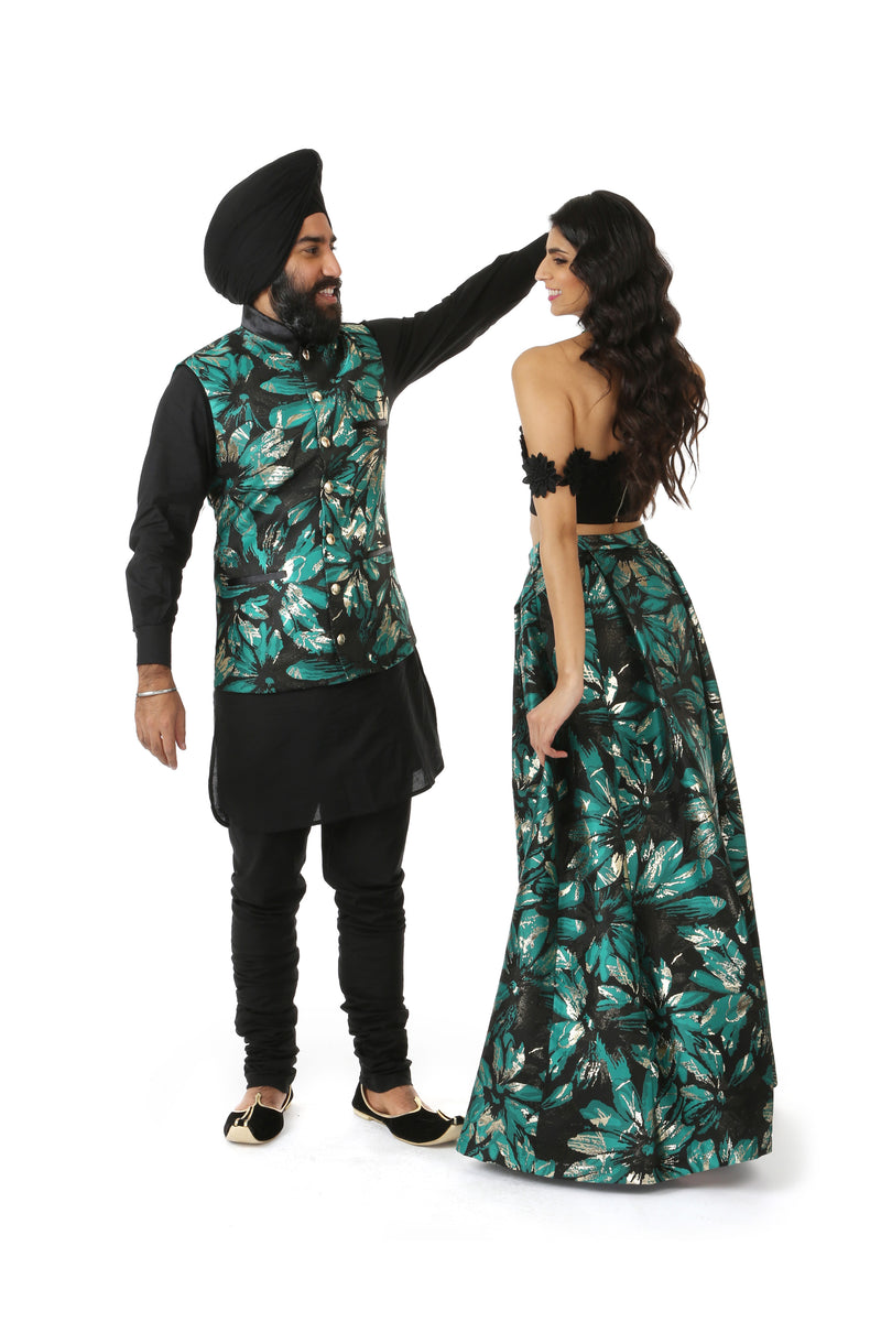 MIRAT Black Green Gold Metallic Jacquard Vest | HARLEEN KAUR