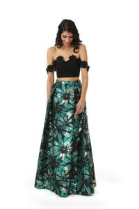 ANNA Black Lehenga Crop Top with Off-the-Shoulder Black Floral Trim | HARLEEN KAUR