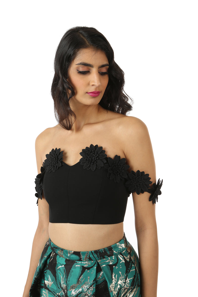 Black Lehenga Top with Off-the-Shoulder Black Floral Trim - Front View - Harleen Kaur - Ethically Made Womenswear
