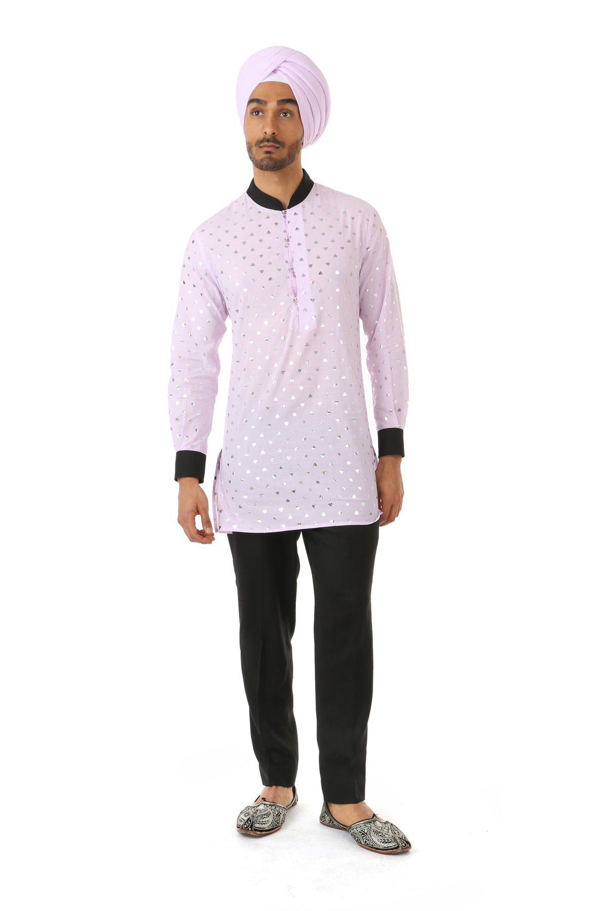 SUMEET Mens Long Sleeve Cotton Kurta in Lavender/silver hearts with contrasting cuffs and collar | HARLEEN KAUR