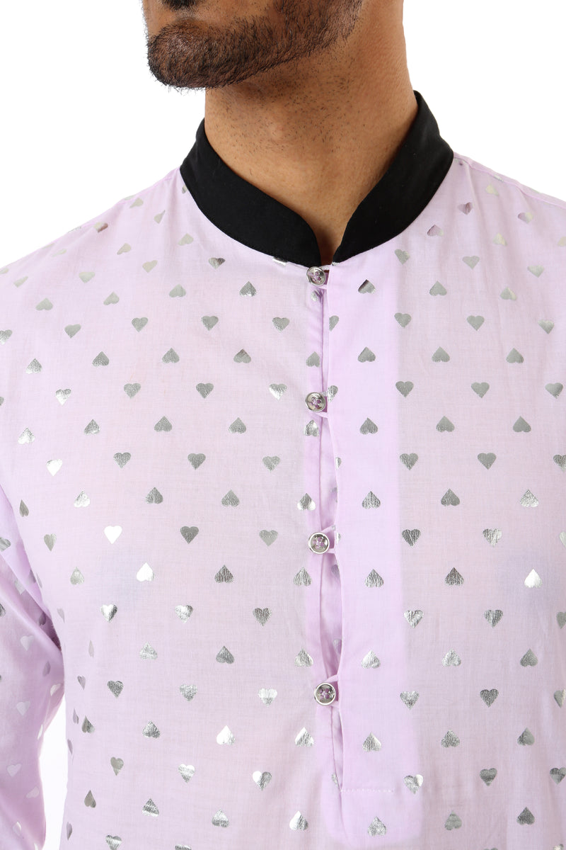 SUMEET Mens Long Sleeve Cotton Kurta in Lavender/Silver hearts with contrasting black collar - Front View Detail | HARLEEN KAUR
