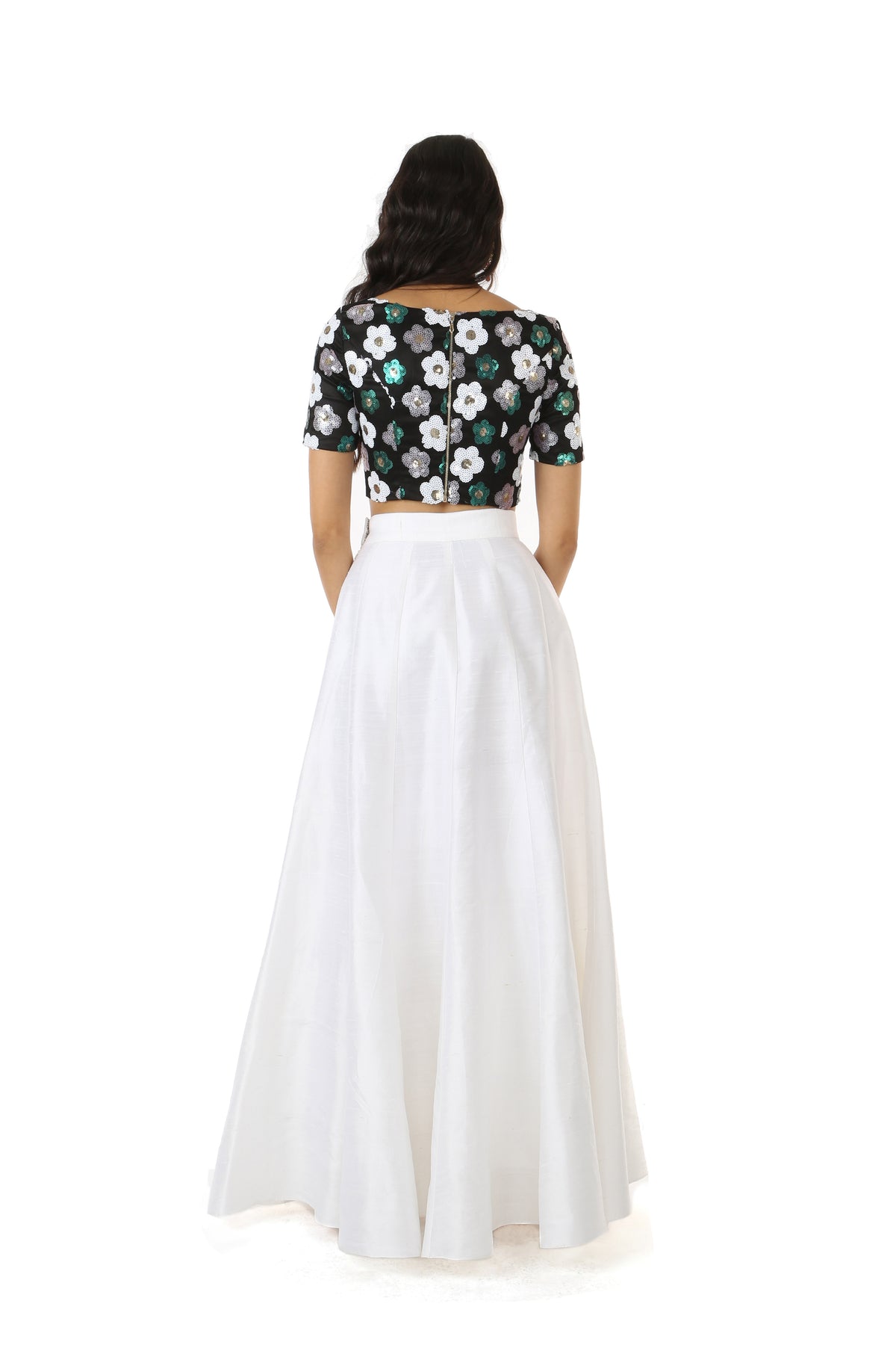 Harleen Kaur SANYA Black Sequin Crop Top with White, Green, and Silver Flowers - Back View