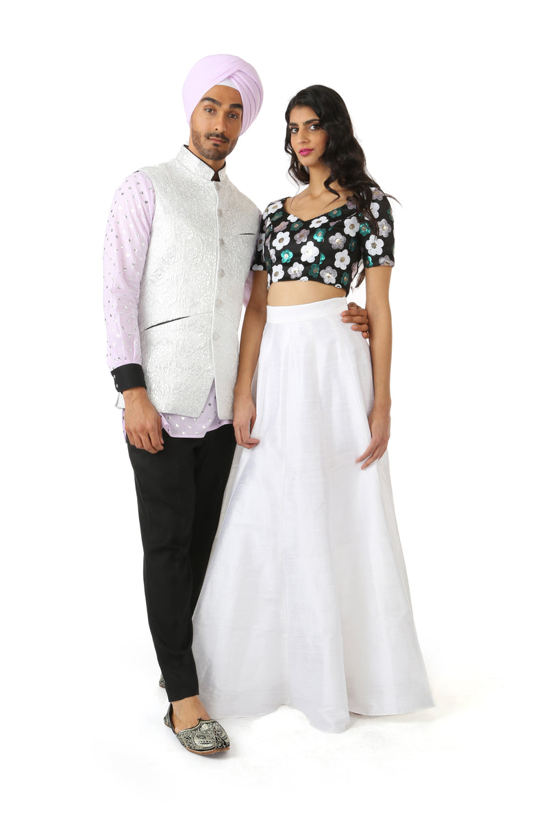 Harleen Kaur SANYA Black Crop Top with White, Green, and Silver Sequin Flowers