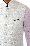 Harleen Kaur ARJUN Silver Vest with Silver Buttons and Black Piped Mandarin Collar - Front Detail View