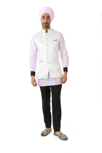 Harleen Kaur ARJUN Silver Vest with Black Piped Mandarin Collar - Front View