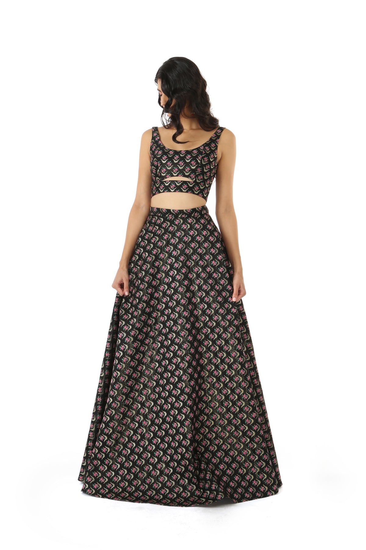 ANEELA Dark Full Length Lehenga Skirt with Gold and Pink Flowers - Front View | HARLEEN KAUR