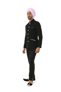 Harleen Kaur NAHM Mens Black Jodhpuri Jacket with Aqua Satin Lining - Side View