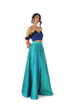 Navy Lehenga Top with Off-the-Shoulder Black Floral Trim | HARLEEN KAUR