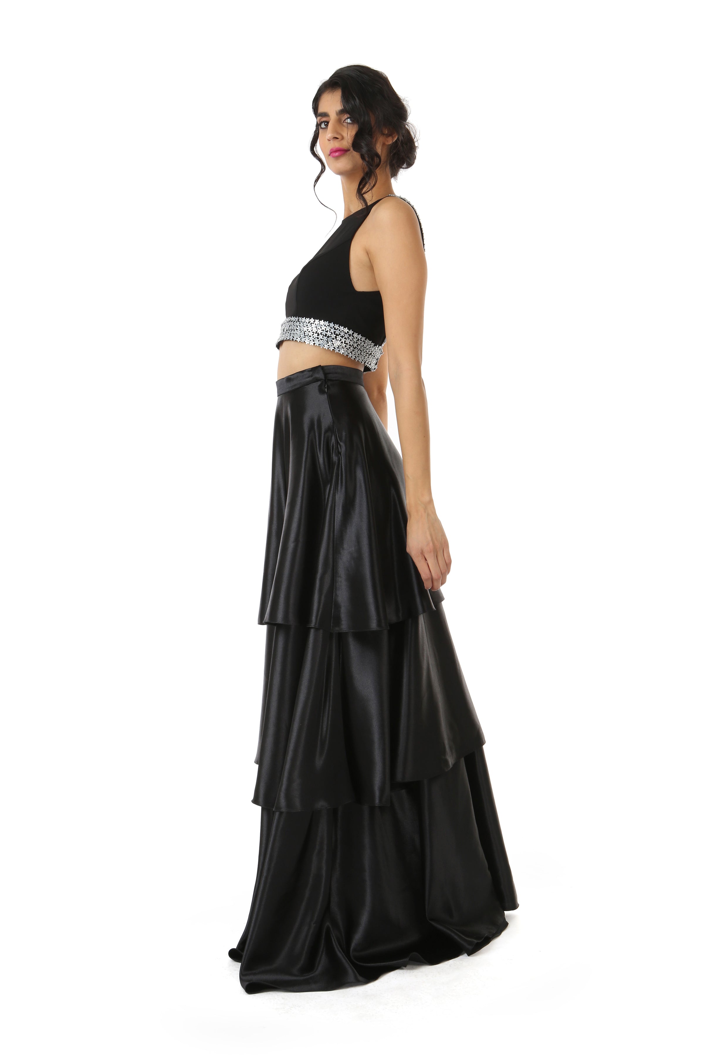 Harleen Kaur Julia Stretch Open Back Top with Floral Sequin Trim - Black Side