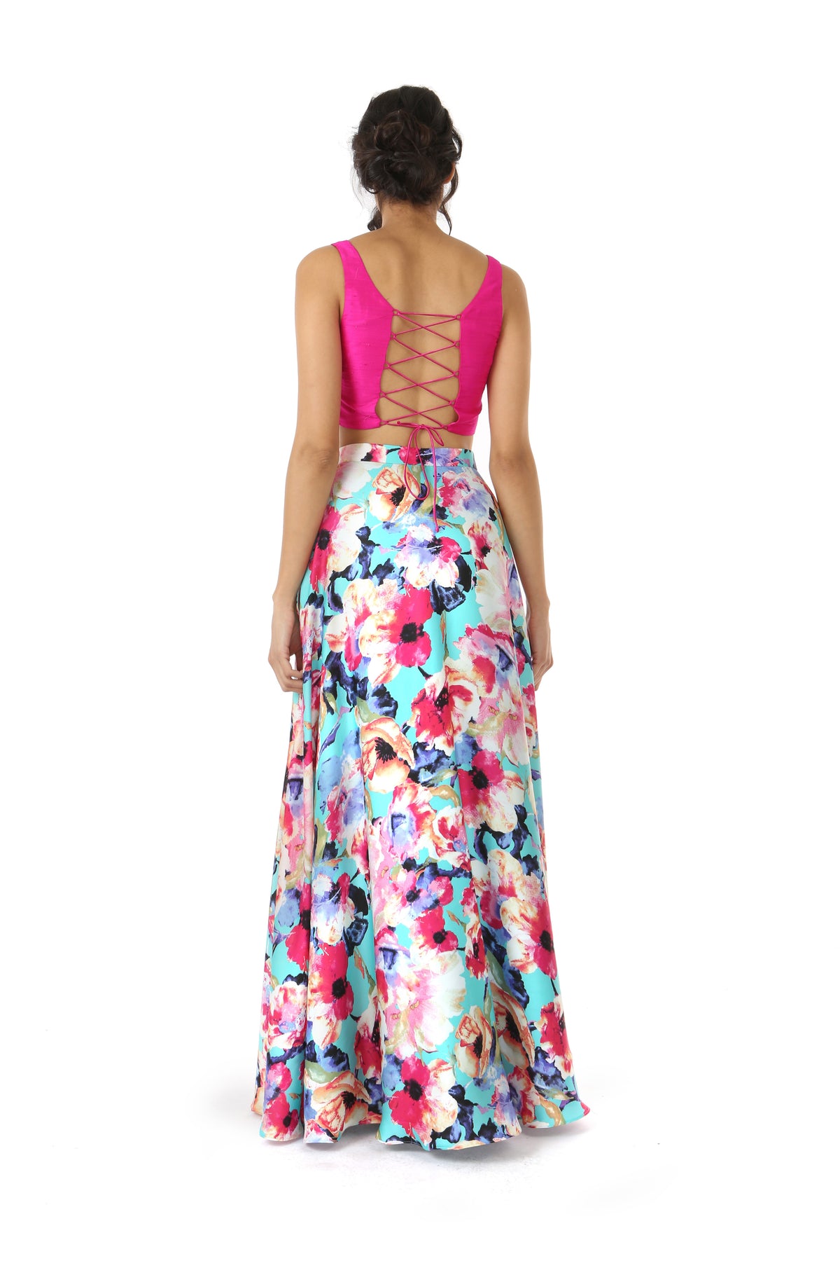 HAILEY Slit Satin Lehenga Skirt in Teal Multi Floral Print - Back View | HARLEEN KAUR