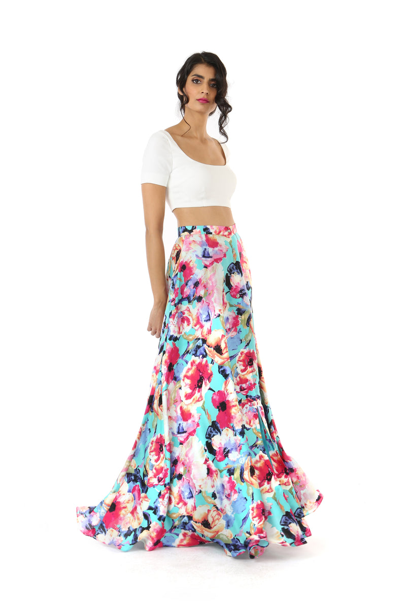 HAILEY Slit Satin Lehenga Skirt in Teal Multi Floral Print - Side View | HARLEEN KAUR