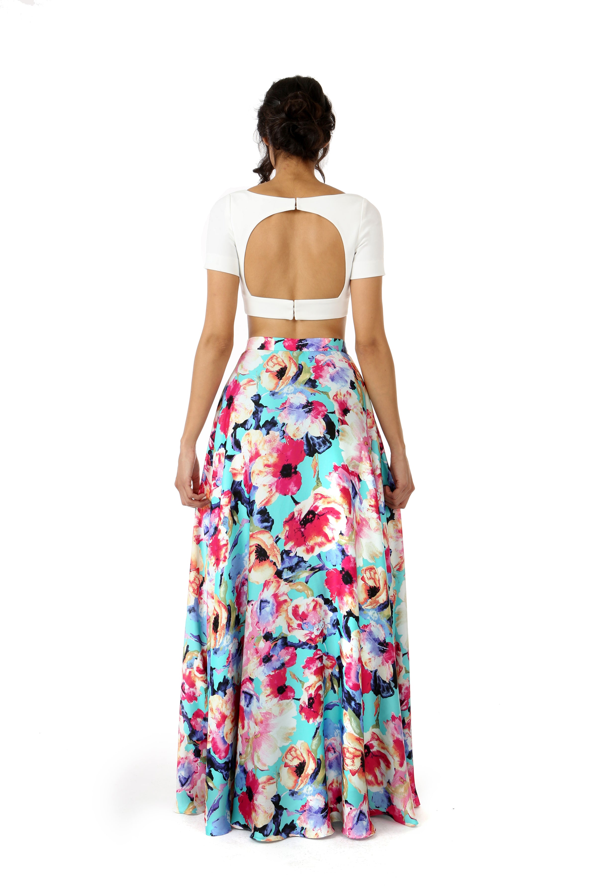 RIVA white stretch woven lehenga crop top with open back | HARLEEN KAUR