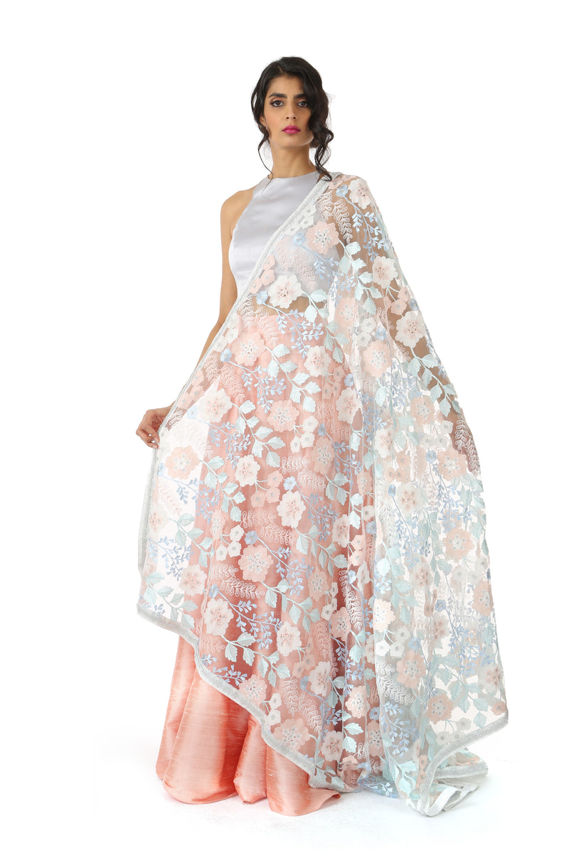 ANEETA Floral Lace Dupatta in Frosted Colors with Silver Trim | HARLEEN KAUR