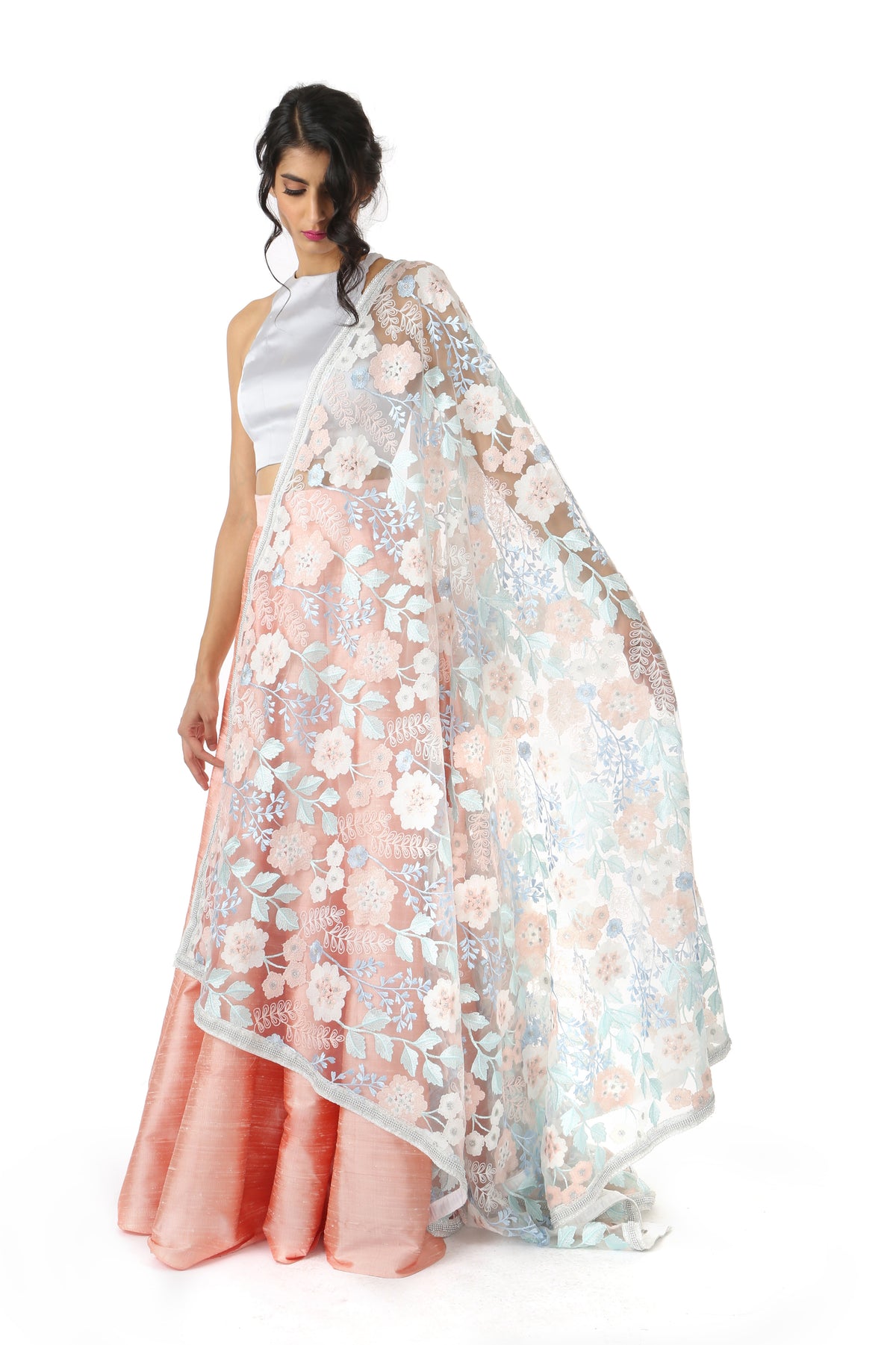 ANEETA Floral Lace Dupatta in Frosted Colors with Silver Trim | HARLEEN KAUR