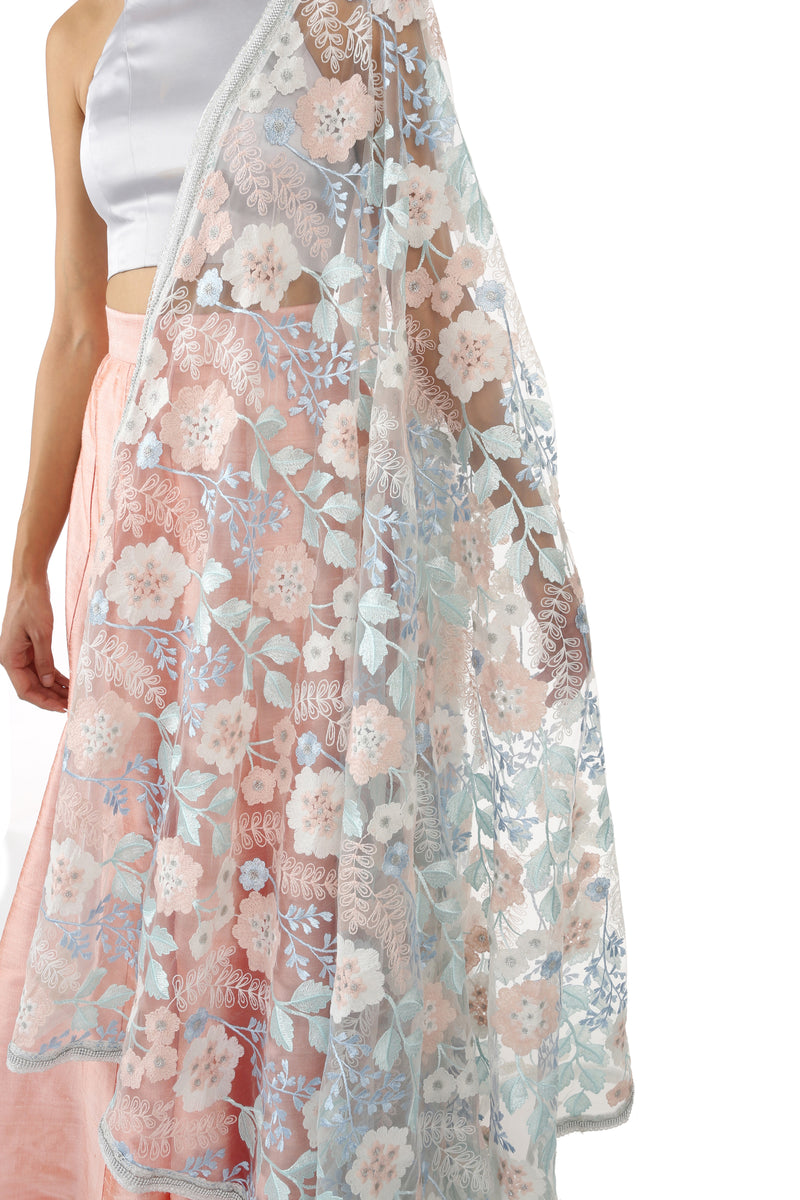 ANEETA Floral Lace Dupatta in Frosted Colors with Silver Trim | HARLEEN KAUR