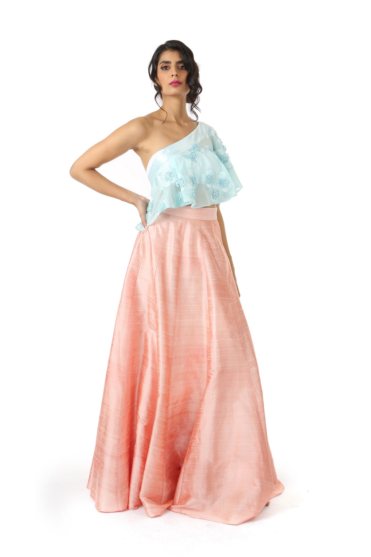 BINA Aqua 3D Floral Georgette Satin One Shoulder Top - Front View | HARLEEN KAUR