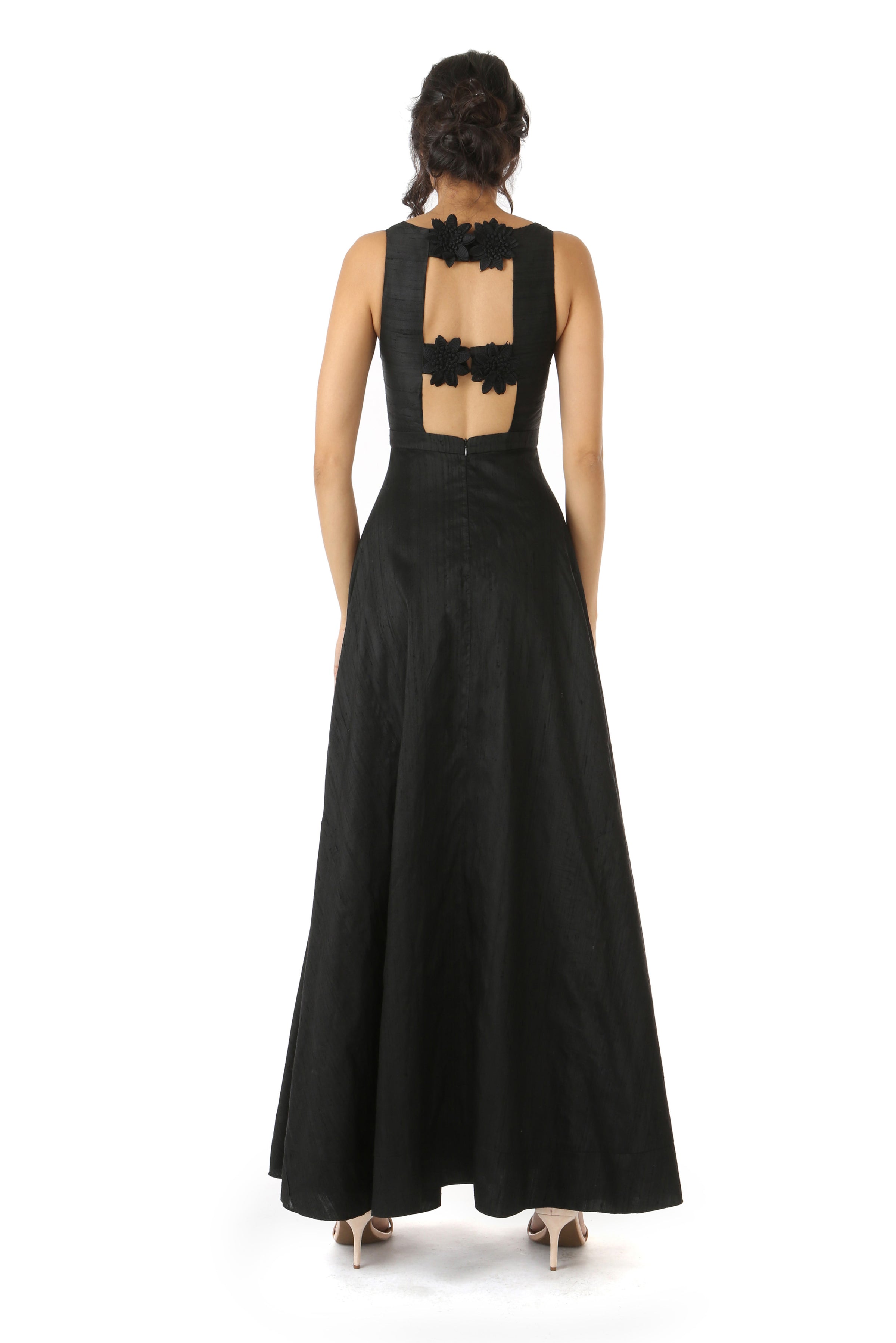 Harleen Kaur Sarina Silk Gown with Open Back Floral Closure - Back View