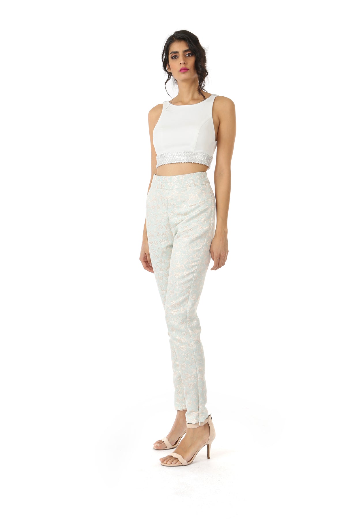 Harleen Kaur Julia Stretch Open Back Top with Floral Sequin Trim - White Front