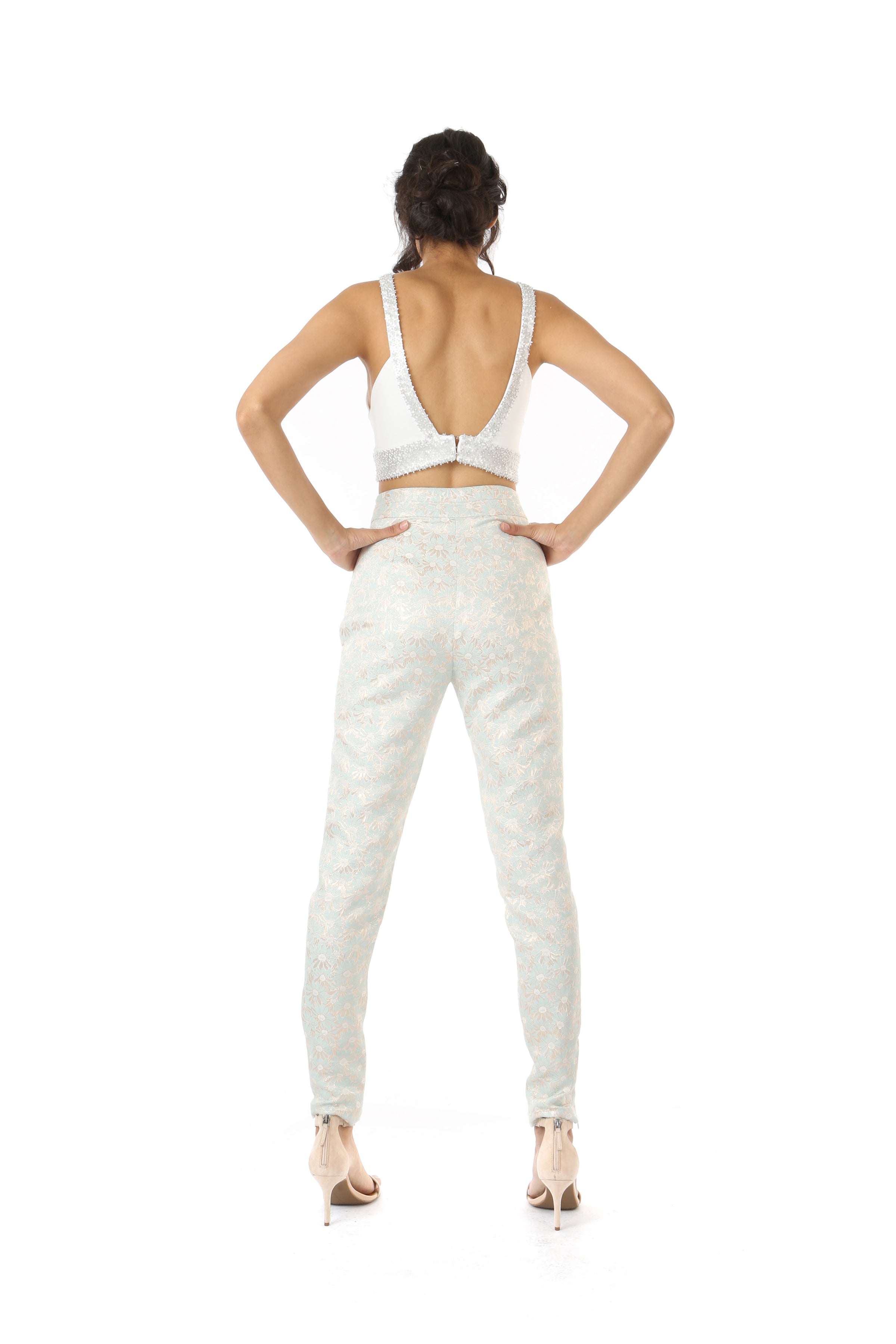 Harleen Kaur Julia Stretch Open Back Top with Floral Sequin Trim - White Back View
