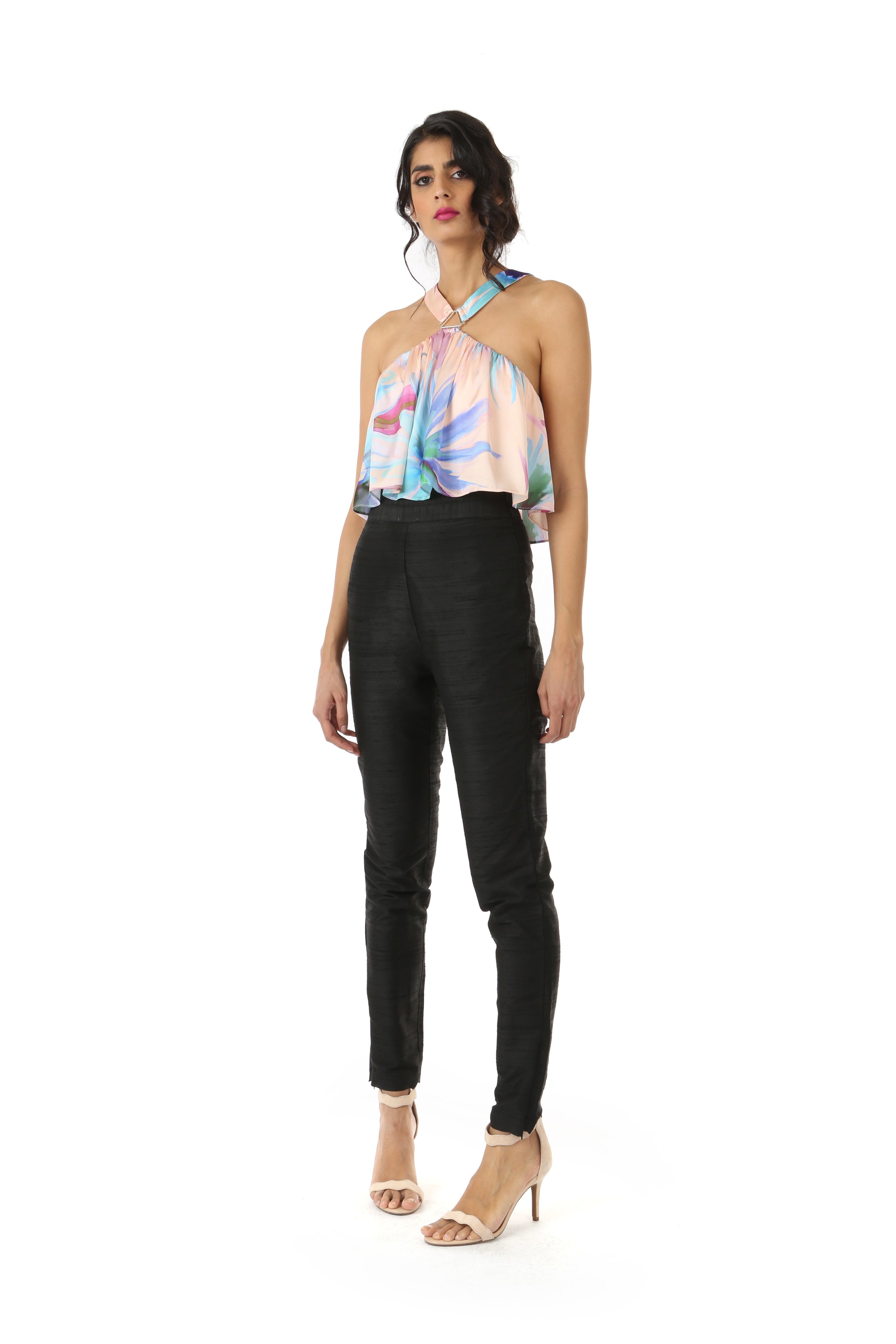 NOOP Black Silk Pants with MANVI Peach Crop Top | HARLEEN KAUR
