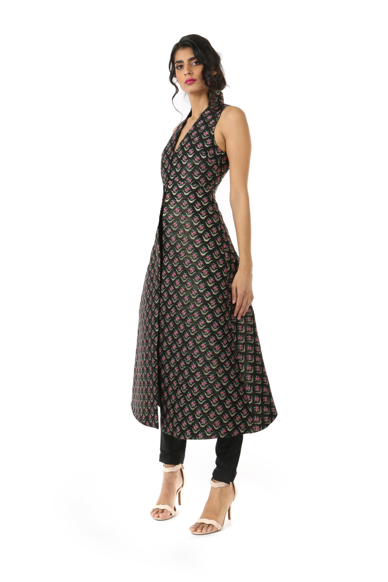 CHAND Black Jacket Dress with Pink Woven Flowers and Side Pockets - Side View | HARLEEN KAUR