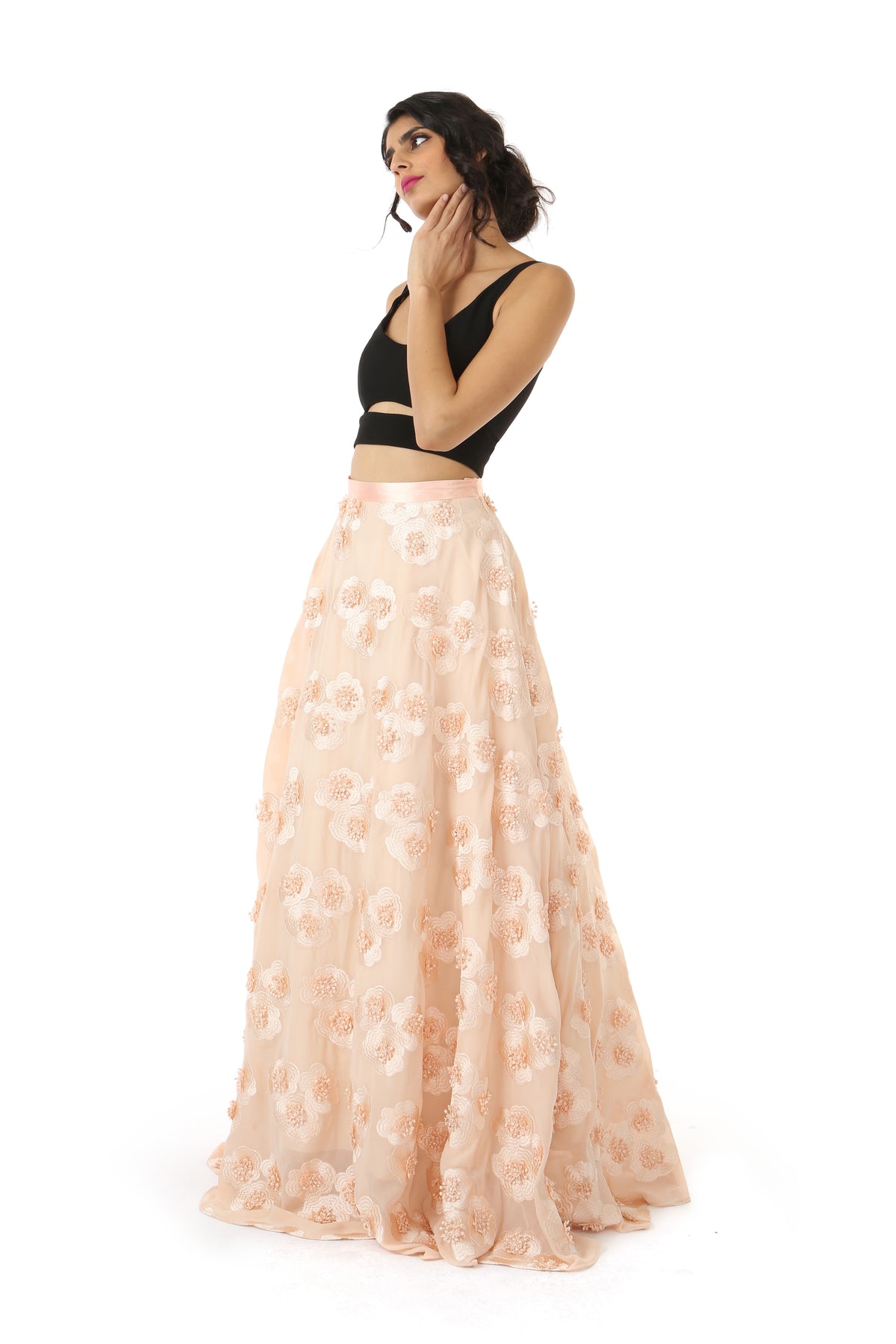 ANEELA Peach Satin Can-Can Lehenga Skirt with Black SIMAR Crop Top - Front View | HARLEEN KAUR