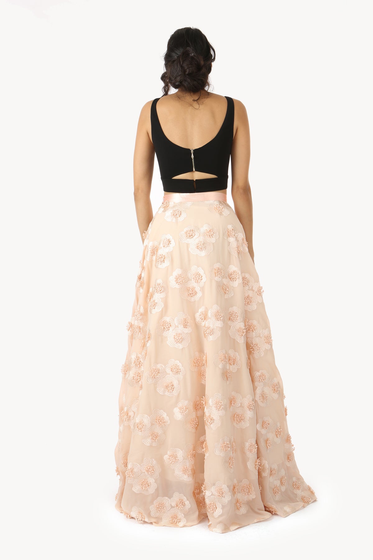 ANEELA Peach Can-Can Satin Lehenga Skirt with 3D Flowers - Back View | HARLEEN KAUR