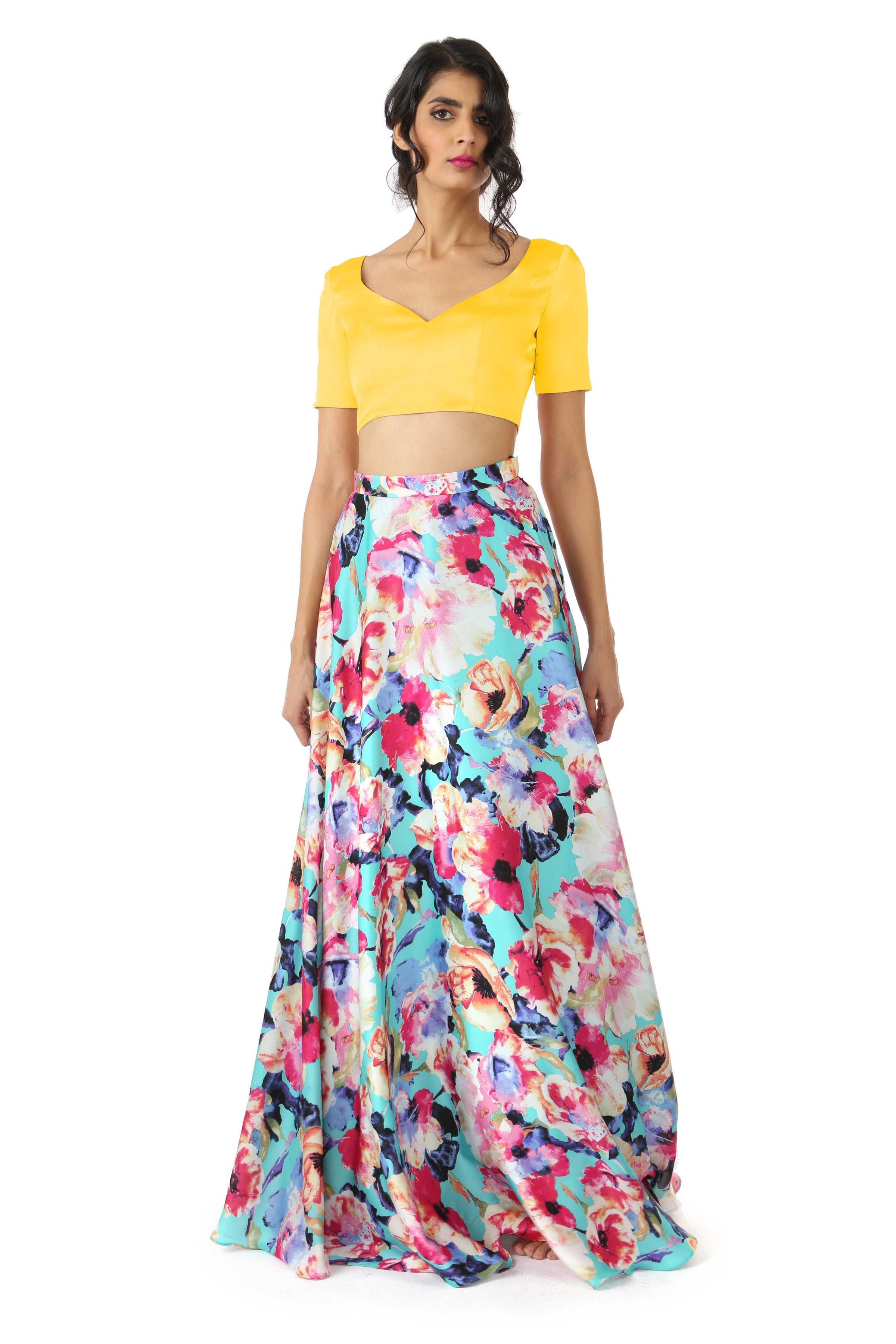 Harleen Kaur SANYA Gold Satin Lehenga Crop Top with Sweetheart Neckline - Gold Yellow