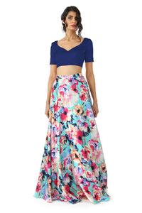Harleen Kaur SANYA Peach Satin Lehenga Crop Top with Sweetheart Neckline - Navy Blue