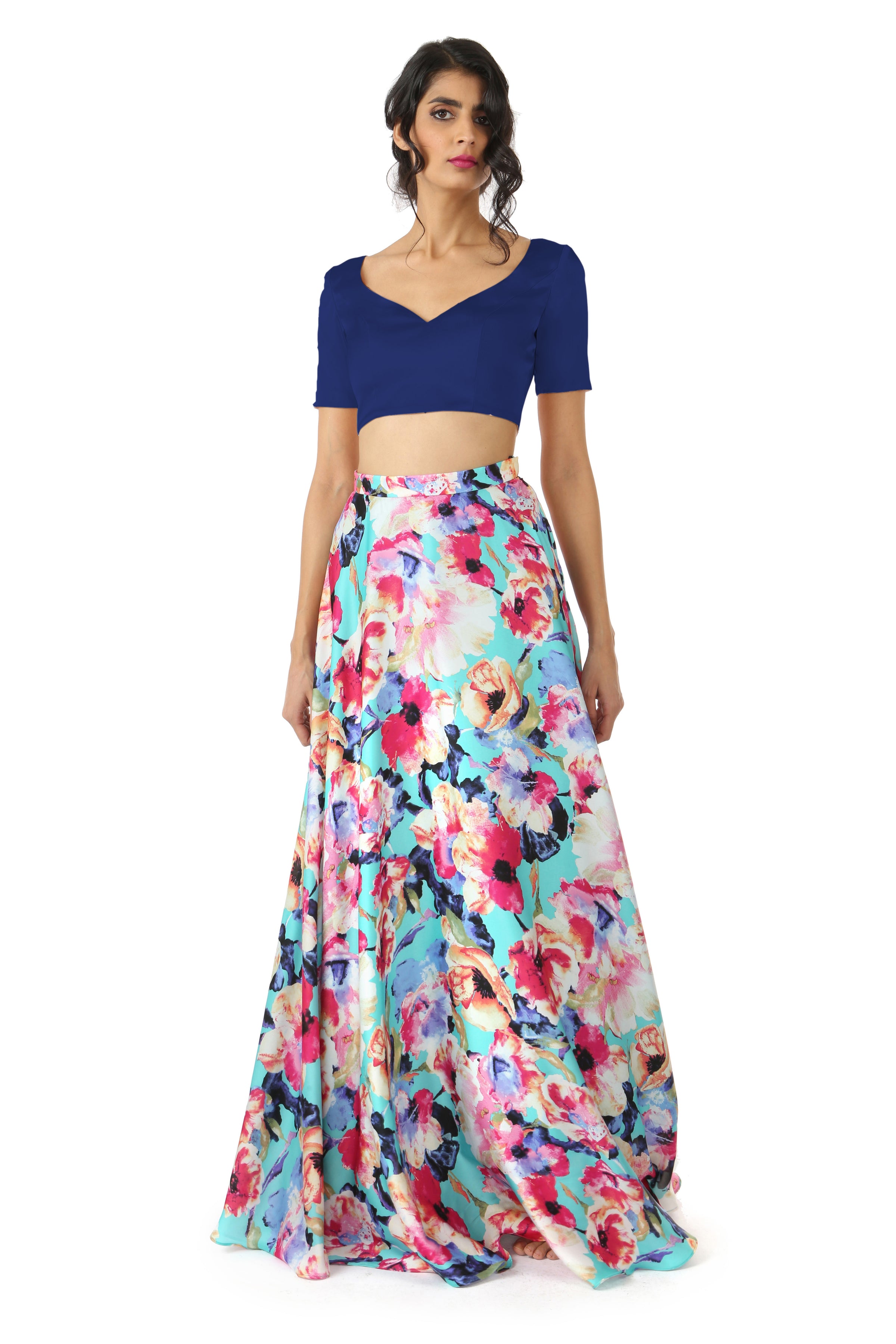 Harleen Kaur SANYA Peach Satin Lehenga Crop Top with Sweetheart Neckline - Navy Blue