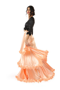 Harleen Kaur Layla Multi Tiered Satin Skirt with Floral Trim - Peach Side View