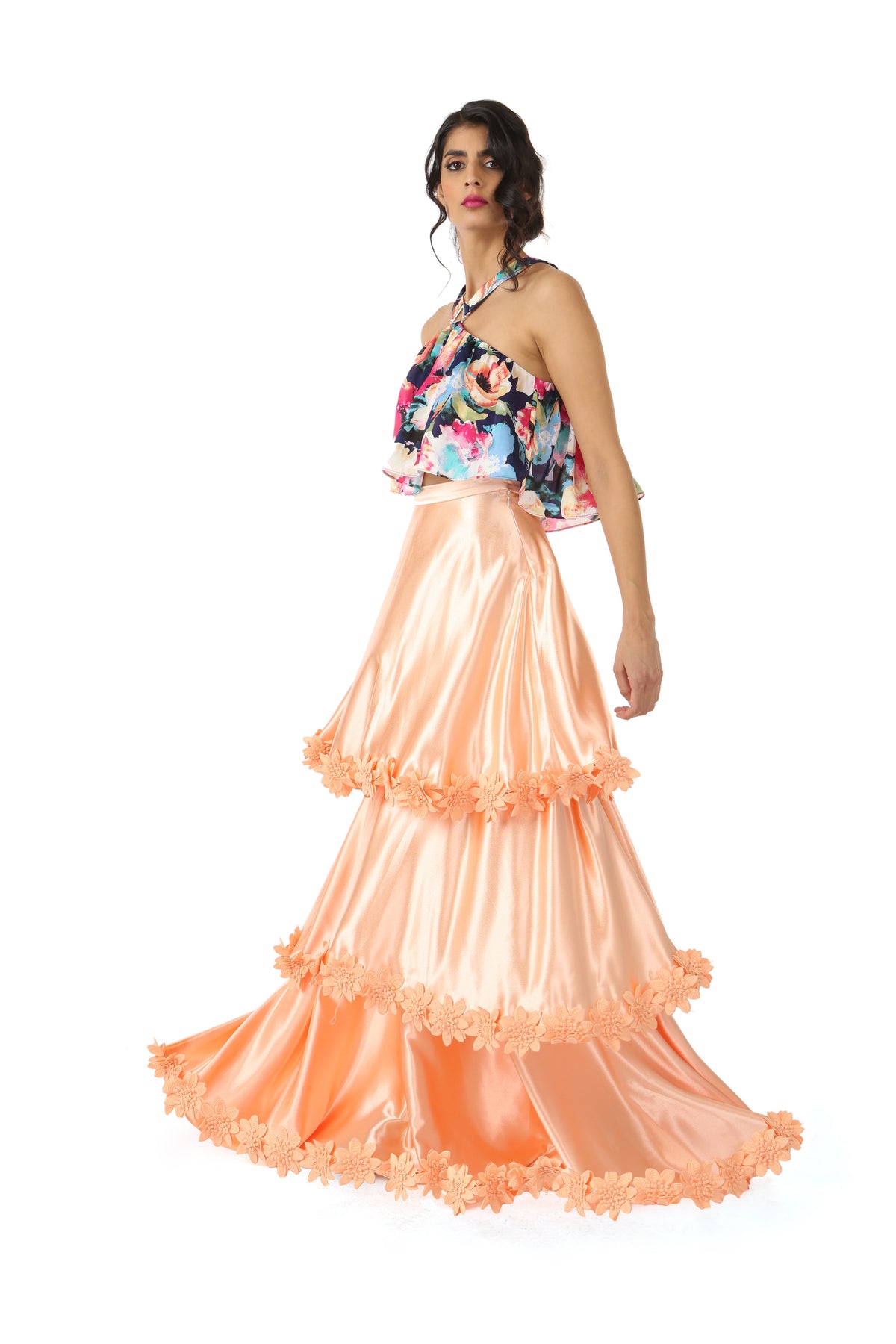 Harleen Kaur Layla Tiered Satin Skirt with Floral Trim - Peach Side View
