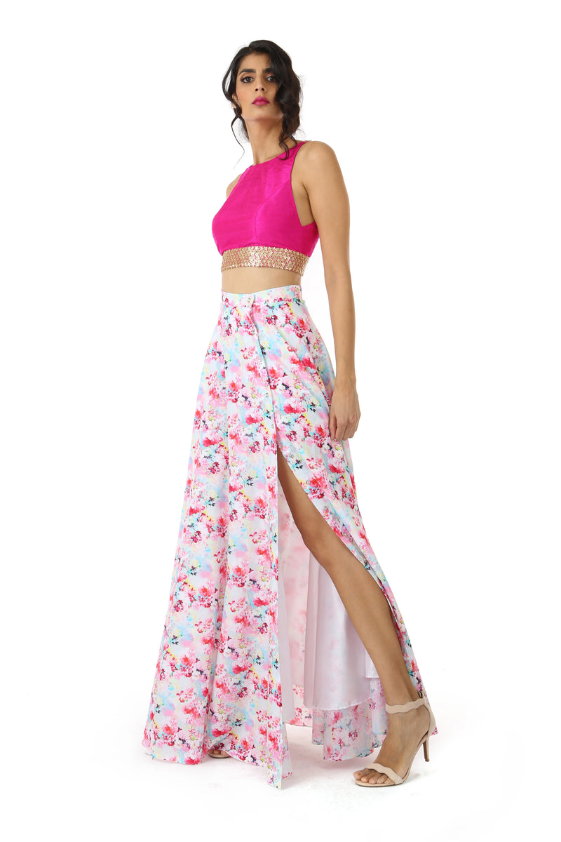 Harleen Kaur Julia Sleeveless Silk Fuchsia Crop Top - Side View