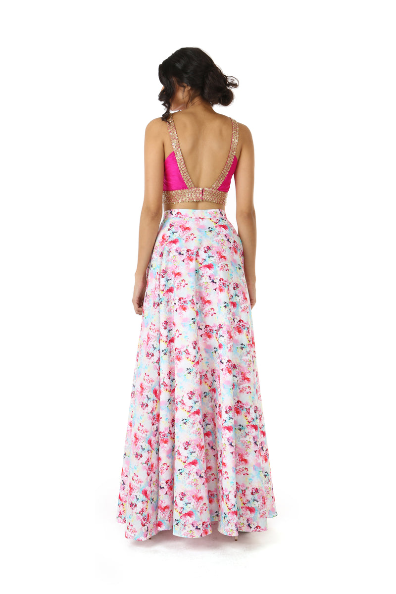 Harleen Kaur Julia Sleeveless Silk Fuchsia Open Back Crop Top with Mini Gold Sequin Flowers - Back View