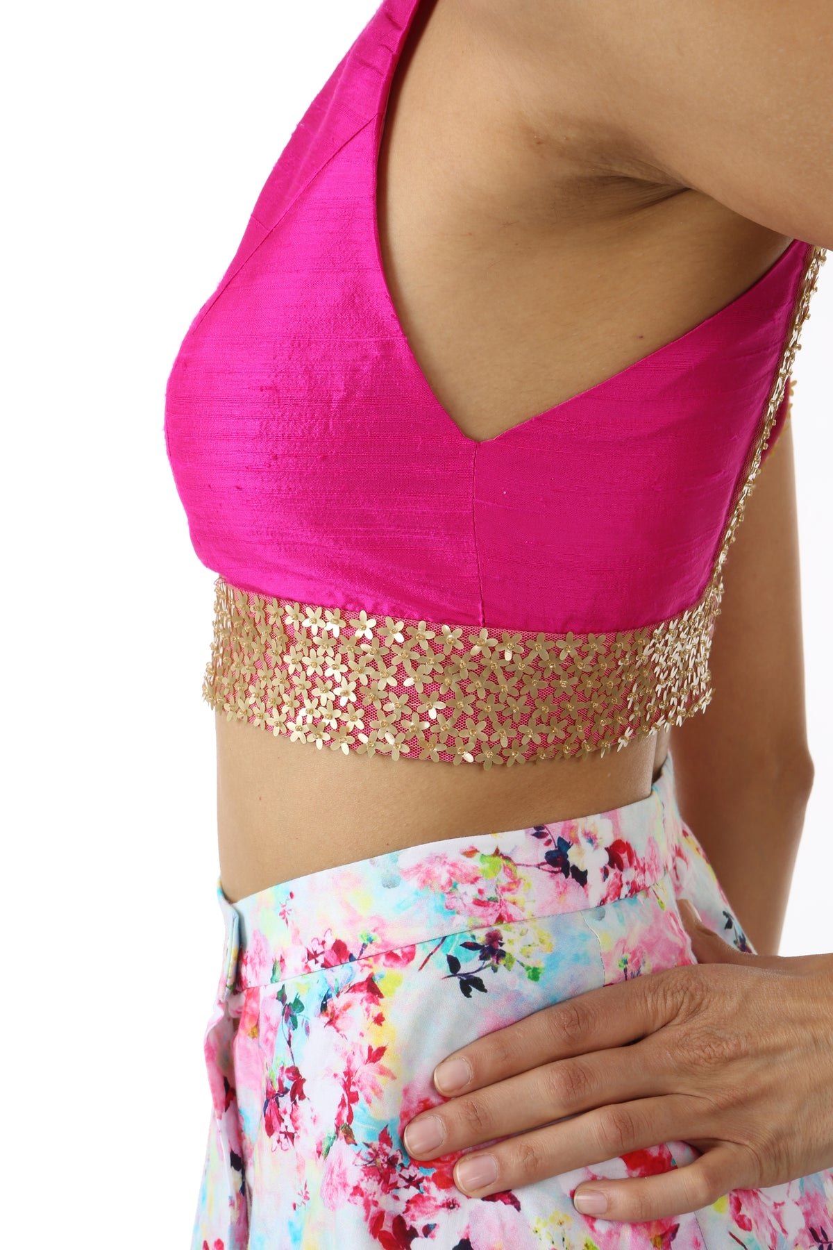 Harleen Kaur Julia Sleeveless Silk Fuchsia Crop Top with Mini Sequin Flowers on Trim - Side View