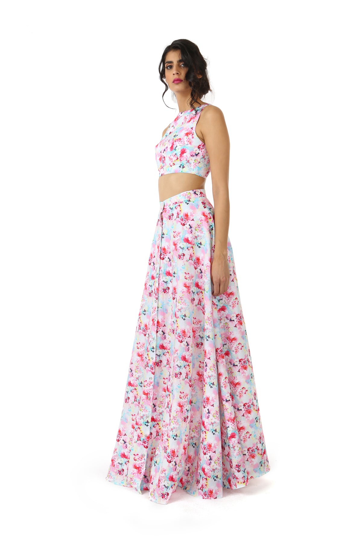 Harleen Kaur Azya Cotton Floral Print Sleeveless Crop Top in White Multi - Side View