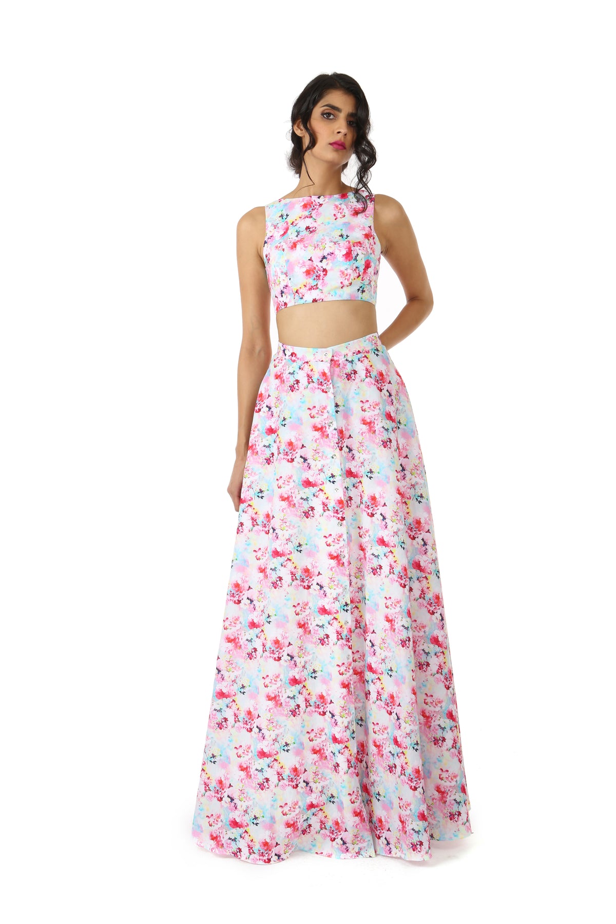 Harleen Kaur Azya Sleeveless Crop Top in White Multi Floral Print - Front View