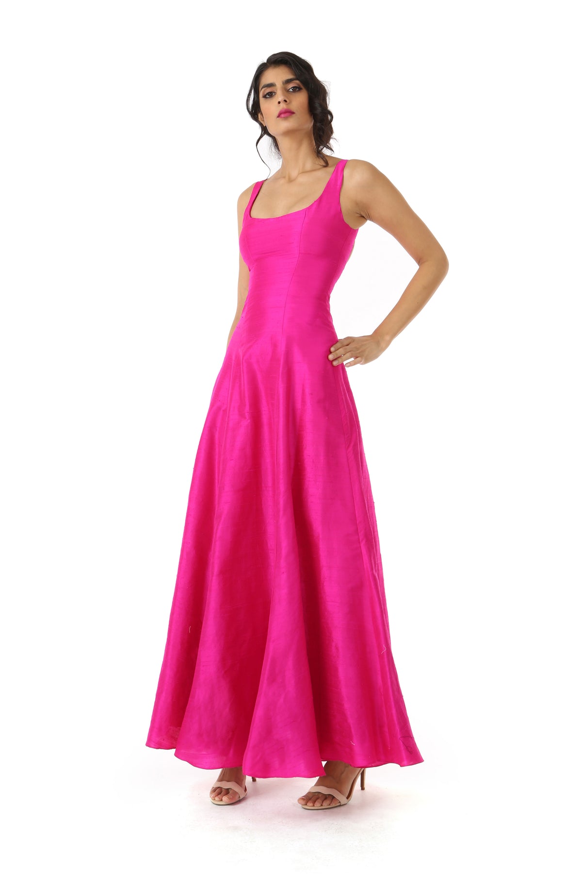 Harleen Kaur Mansi Fuchsia Silk Dress with Open Back and Scoopneck - Front View