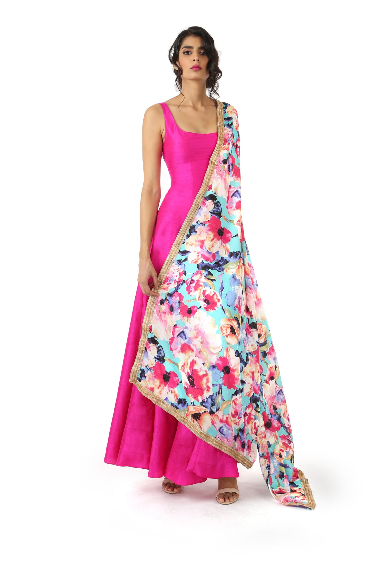 Harleen Kaur GINA Floral Print Dupatta in Teal Multi with Fuchsia Anarkali Dress